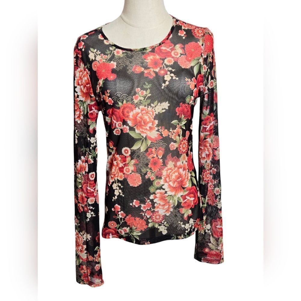 Forever 21 Black Mesh Floral Shirt Top